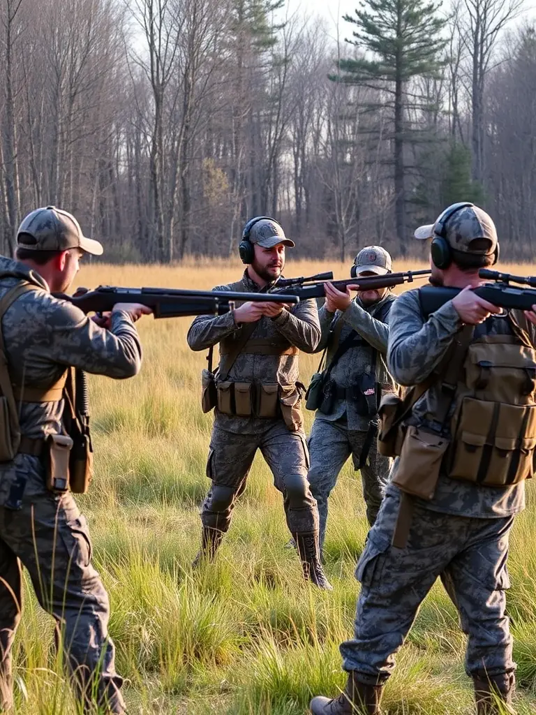 A photograph of hunters participating in a regulated hunting event, emphasizing the sustainable hunting practices promoted by SOCIETE COMMUNALE DES CHASSEURS.