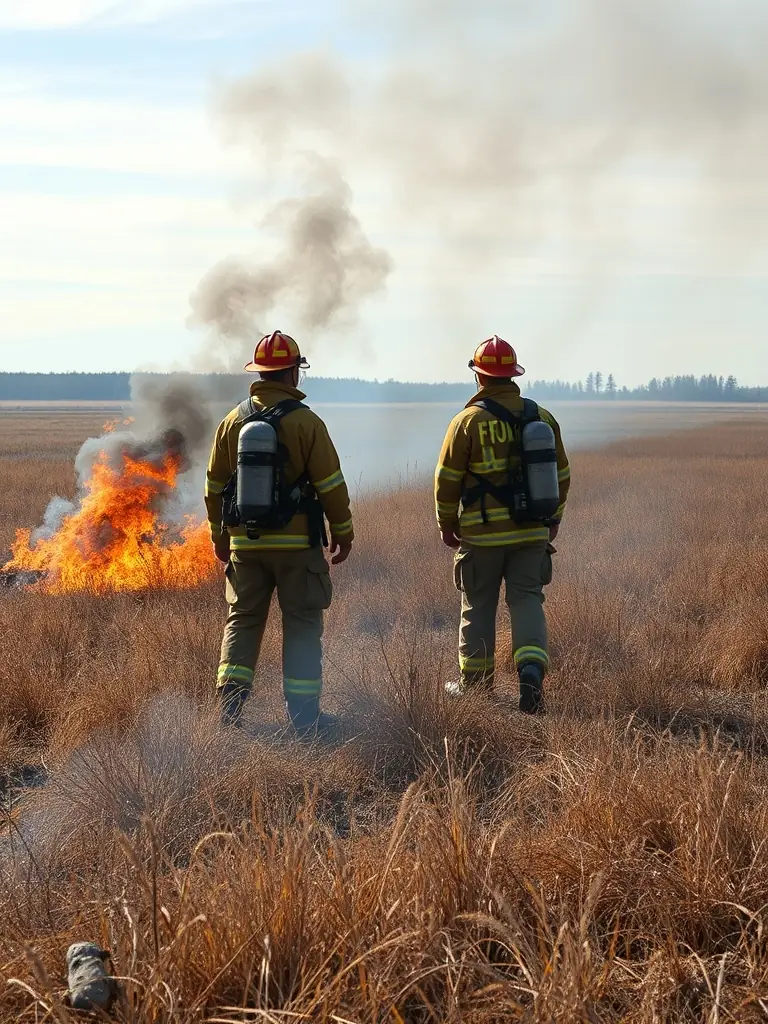 A photograph of a controlled burn being conducted in a grassland area, illustrating habitat management techniques used by SOCIETE COMMUNALE DES CHASSEURS.