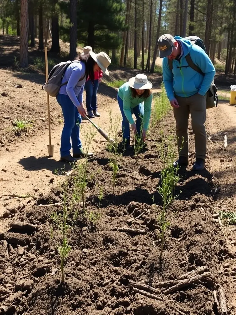 A photograph showcasing volunteers planting native trees in a deforested area, illustrating habitat restoration efforts by SOCIETE COMMUNALE DES CHASSEURS.