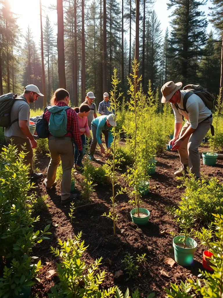 A photograph depicting volunteers planting native trees as part of a habitat restoration project organized by SOCIETE COMMUNALE DES CHASSEURS, showcasing their commitment to enhancing local biodiversity.