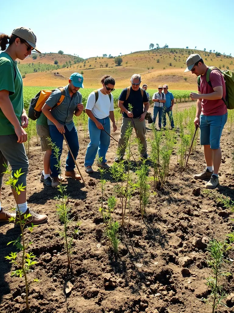 A photograph depicting volunteers planting native trees in a deforested area, illustrating habitat restoration efforts by SOCIETE COMMUNALE DES CHASSEURS.