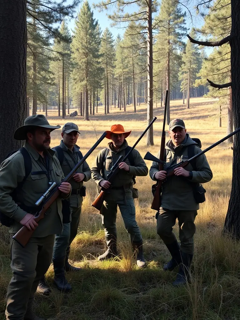 An image of a group of hunters participating in a controlled hunt, emphasizing the organization's sustainable hunting practices.