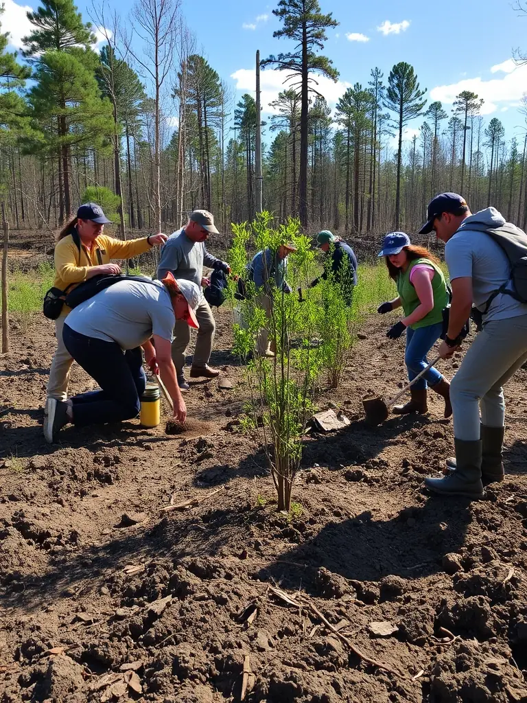 A photograph showcasing volunteers planting native trees in a deforested area, illustrating habitat restoration efforts by SOCIETE COMMUNALE DES CHASSEURS.