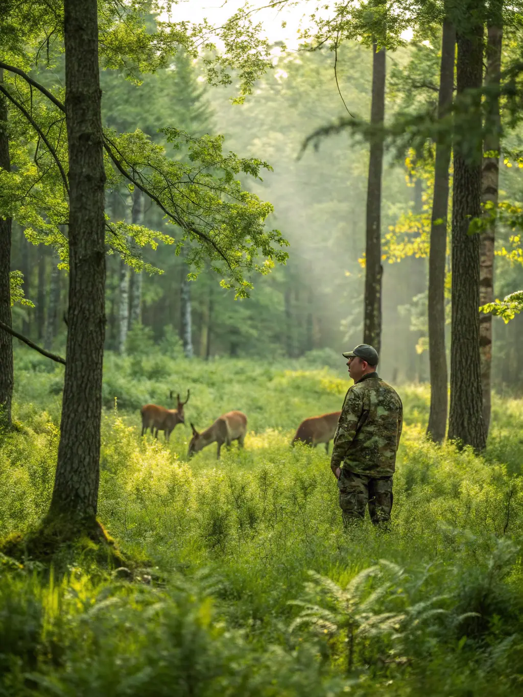 A photograph of deer being released into a managed forest area, demonstrating the restocking program of SOCIETE COMMUNALE DES CHASSEURS.