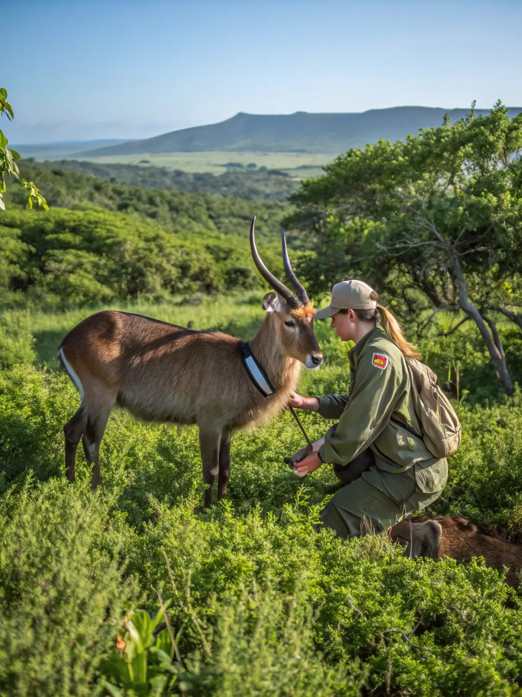 A photograph of a wildlife expert tagging a deer, showcasing the organization's efforts in monitoring and studying local wildlife populations.