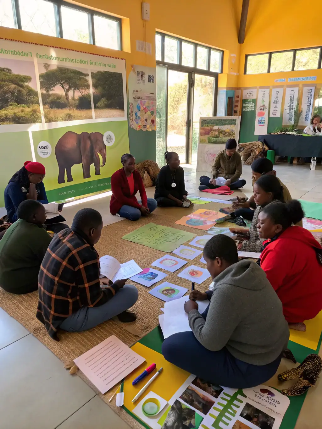 A picture of a community workshop on wildlife conservation, demonstrating SOCIETE COMMUNALE DES CHASSEURS' engagement in educating and involving the local community.
